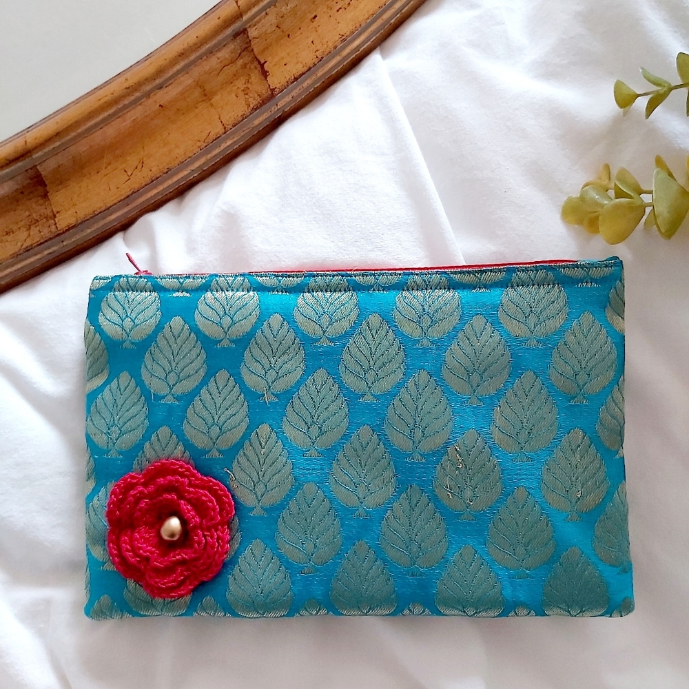 ✨Handmade Vintage Silk Satin Floral Boho Zip Pouch